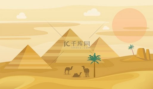 埃及沙漠景观骆驼剪影的埃及金字塔非洲沙丘全景撒哈拉沙漠的日落棕榈树和山脉旅游和旅游插图矢量水平背景埃及沙漠景观有骆驼的埃及金字塔