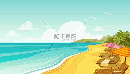 海边和太阳躺椅。海景, 度假横幅。卡通矢量插画