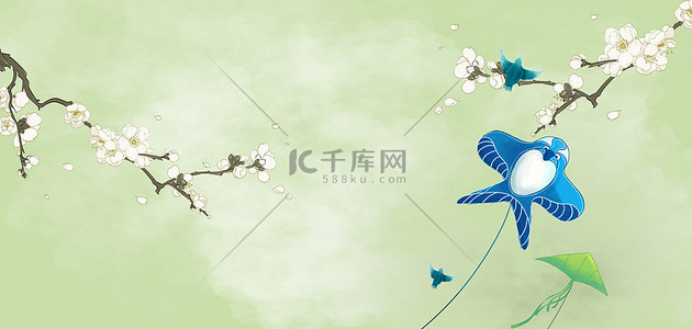 熊放风筝背景图片_立春风筝绿色卡通节气背景