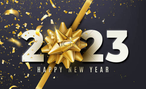 holiday背景图片_2023 Happy New Year vector background with golden gift bow, confetti, white numbers. Christmas celebrate design. Festive premium concept template for holiday.