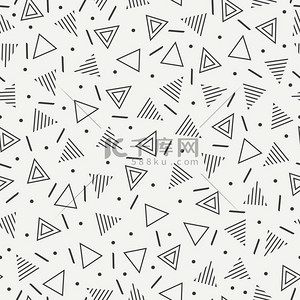孟菲斯风格几何背景图片_复古孟菲斯几何线形状无缝模式。时髦时尚 80-90 年代。抽象的杂乱纹理。黑色和白色。三角形。印刷、 网站、 面料设计、 海报、 贺卡孟菲斯风格