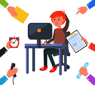 年轻的员工和周围的一组抽象任务，五颜六色的矢量插图，描绘了坐在办公室桌子旁的男人和手握各种东西的圈子。