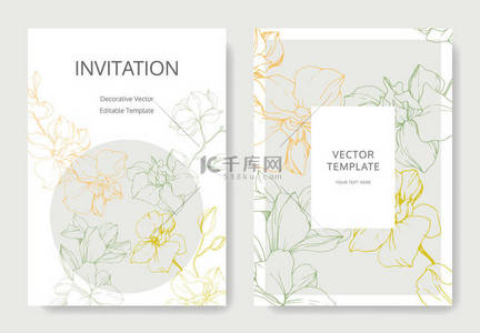 黄色、绿色和橙色的兰花。雕刻的艺术。带有花卉装饰边框的婚礼卡片。谢谢你, rsvp, 邀请优雅的卡片插图图形集.