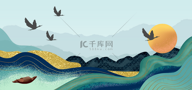 鱼纹理背景图片_飞鸟绿色山峰山水质感背景
