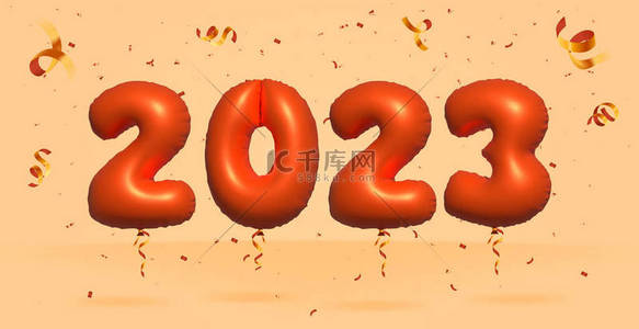 横幅广告促销背景图片_3D号2023销售折扣促销由现实的Confetti Foil 3d Orange氦气球矢量制成。售卖海报、横幅广告、购物袋、礼品盒、生日、周年纪念日的图例