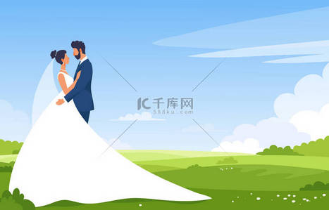 新娘和新郎穿着婚纱在公园里的背景夏天的风景。婚礼或蜜月。现代平面卡通画