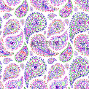手绘图涂鸦背景图片_佩斯利 buta 涂鸦七彩线艺术无缝模式矢量
