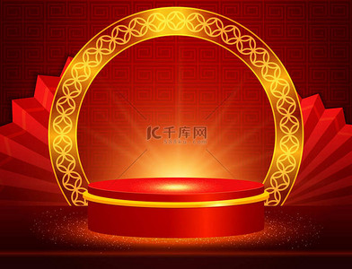 Vector Chinese new year illustration with round stage and asian shine elements on red ornament background