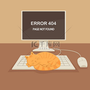 可爱的红睡在键盘上。在监视器上找不到错误404和页面, 例如.