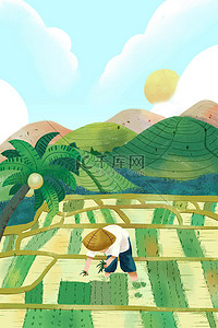 农民早上好背景图片_芒种稻田蓝色手绘风卡通背景