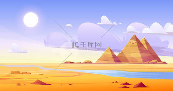 米饭漫画背景图片_金字塔的埃及沙漠矢量漫画