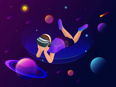 等轴测虚拟现实概念。一个戴着虚拟现实眼镜的男孩看着行星，彗星和星星，太空探索.