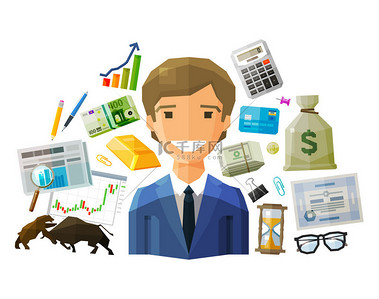 logo设计背景图片_银行、 证券交易、 业务矢量 logo 设计模板。钱、 经纪人、 经纪、 股票经纪人或商人的图标。平的插图