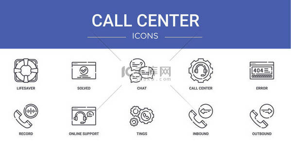 一组由10个轮廓组成的网络呼叫中心图标，如