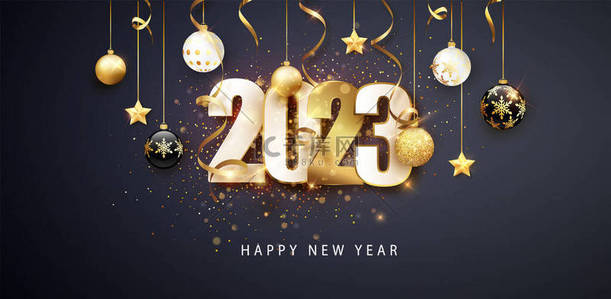 新年快乐2023背景图片_新年快乐2023年。圣诞装饰品、球、彩带和花环的节日设计