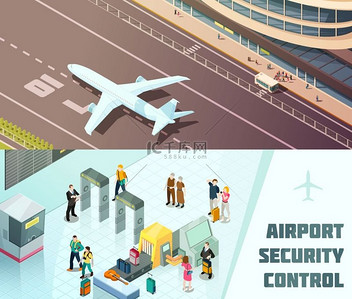 机场水平等距横幅机场水平等距横幅游客在安全控制和飞机降落隔离矢量图