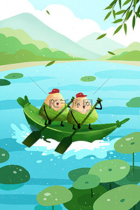 夏天绿色卡通背景图片_端午节粽子绿色卡通端午插画背景