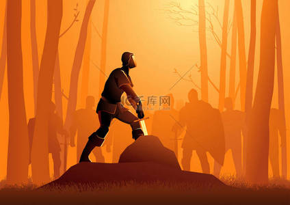 young背景图片_Vector illustration of the young king Arthur pulls the excalibur