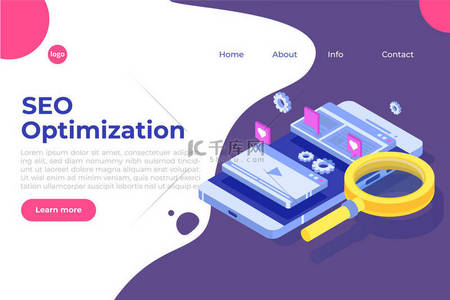 Web seo 优化插图概念等轴测。着陆页模板。网页横幅、网页、横幅、演示文稿、社交媒体、文档、卡片、海报的贴纸.