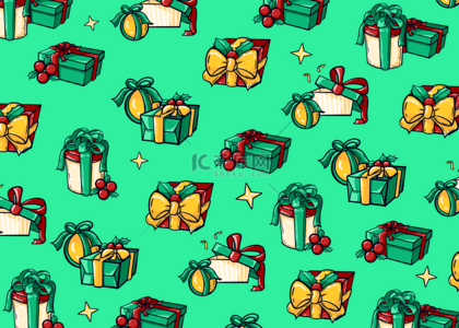 水彩圣诞树背景图片_绿色礼物卡通圣诞节平铺背景