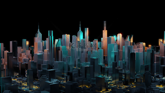 元宇宙建筑背景图片_带有线条和数字元素的三维城市渲染。数字摩天大楼。技术概念。透视建筑。3d渲染