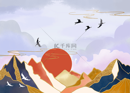 大山旅游背景图片_山峰线条红色落日山水质感背景