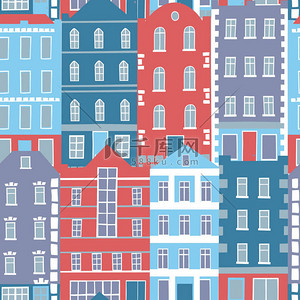 地产底纹背景图片_手绘制无缝模式与色彩缤纷的房子