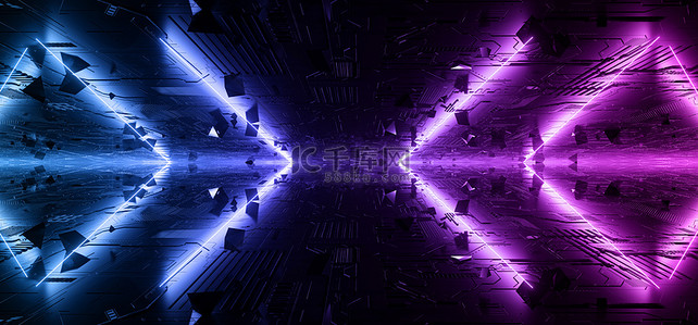 ScFi Futuristic Neon laser Blue Purple Vibrant Glowing Lights Dark Night on Schematic Textured Metallic Refelctive Hi Tech Floor WIth Floating Pyramid Abstract Shapes Background 3D Rendering Illustration