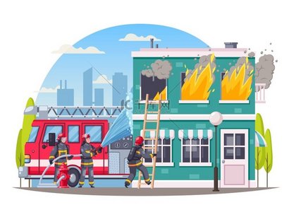 消防员卡通圆形构图以城市景观为背景房屋燃烧消防员扑灭大火矢量插图
