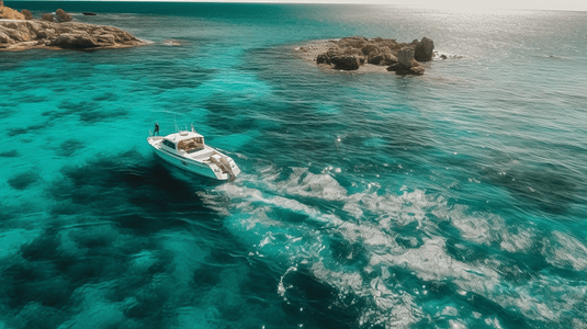 海边独家摄影照片_海边蓝天白云夏日度假快艇自然风景
