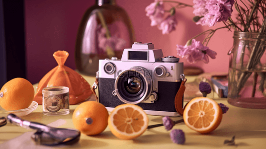 手绘相机背景图片_立体手绘水果和相机数字艺术