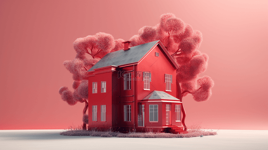 3D立体卡通房子和树木