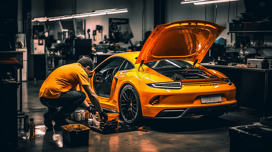 欧美夸张摄影照片_汽车机械师在维修汽车零件
