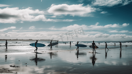 夏日运动海边滑板冲浪摄影图
