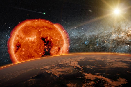 银河元素摄影照片_古老的太阳在黑暗的地球上。宇宙中诞生了一颗新星。一颗彗星在太空中运行。由NASA提供的这张照片的元素
