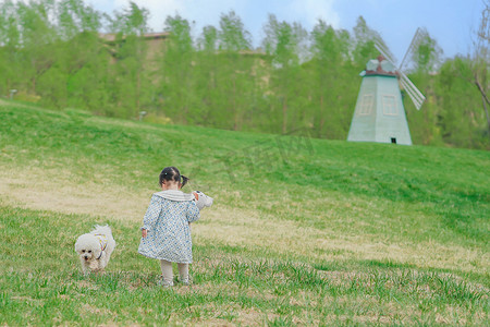 小女孩在草坪上和宠物狗玩耍的背影