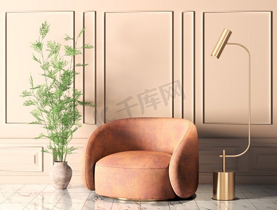 与橙色扶手椅的内部在现代客厅，地板灯在大理石瓷砖地板，家设计3d渲染