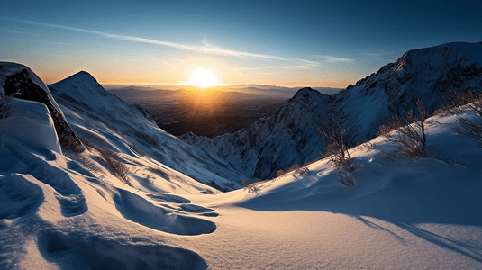太阳光射效果摄影照片_太阳从雪山平面上升起