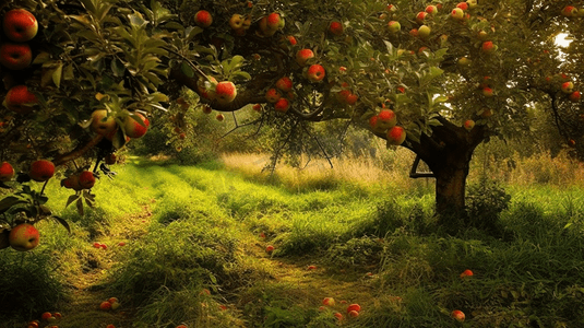 散落的狗粮摄影照片_果园里苹果树下草丛里散落一地的苹果