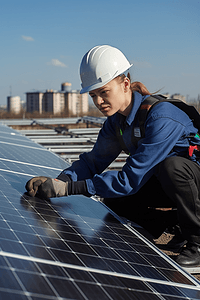 在工厂屋顶安装太阳能电池板的年轻技术员