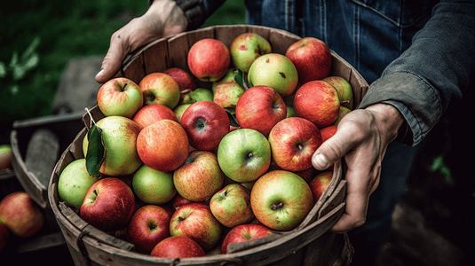 摘苹果苹果摄影照片_农民手里捧着新鲜的刚摘的苹果