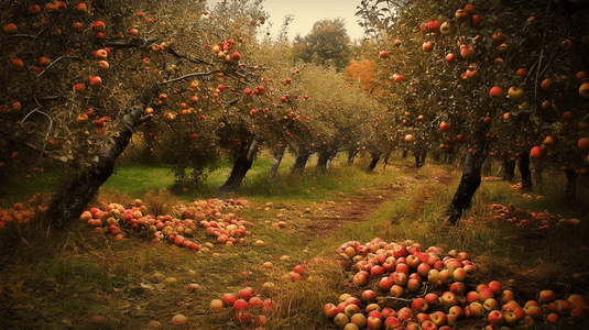 果园里苹果树下草丛里散落一地的苹果