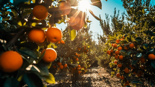 果园水果摄影照片_橘子在果园的树上开花阳光映衬着蓝天