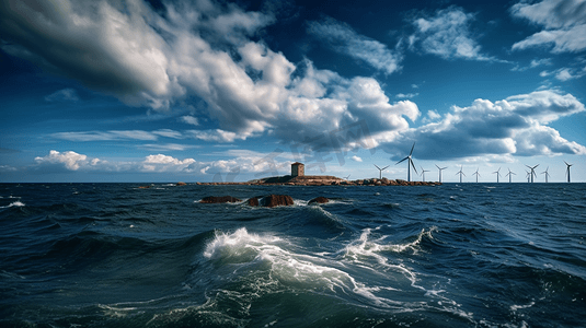 海岸中间的涡轮风车