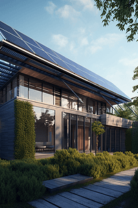 新能源清洁能源光伏板太阳能屋顶发电摄影图