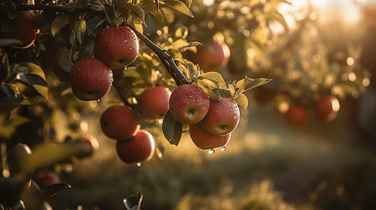 种植水果摄影照片_苹果在果园的树上开花阳光映衬着蓝天