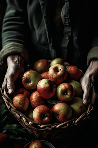 农民手里捧着新鲜的刚摘的苹果