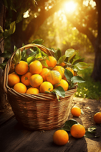一群刚摘下的橙子放在一个篮子里