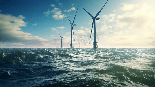 海上风力发电摄影照片_海上发电的白色风力涡轮机