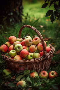 摘苹果苹果摄影照片_一群刚摘下的苹果放在一个篮子里
